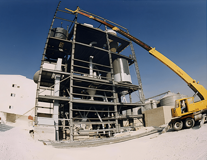 Jordan carbonate steel structure plant with all the equipment and cranes. Different angle.